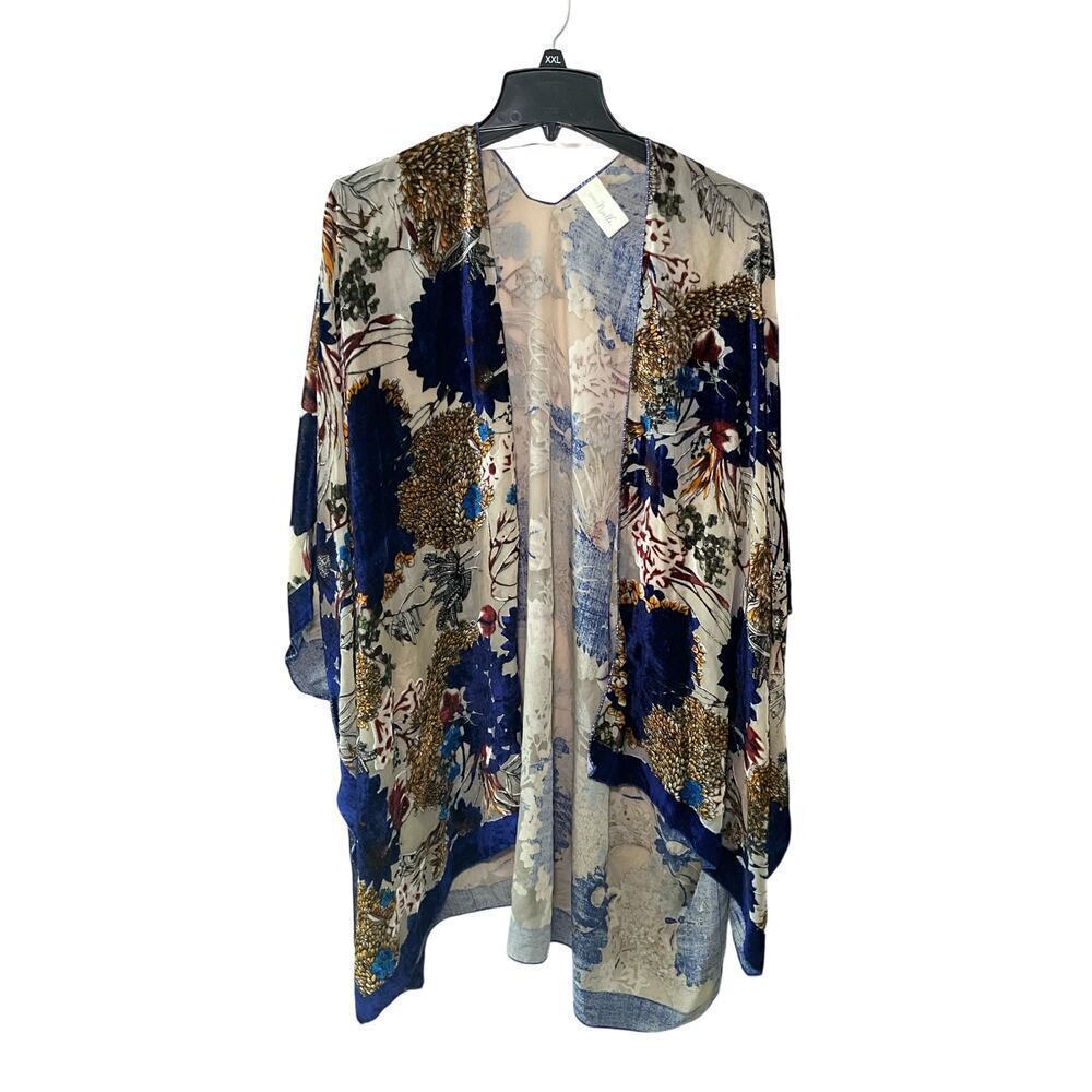 Simply Noelle Cardigan Sweater Open Front Lightweight Floral‎ Blue Cream Size ?
